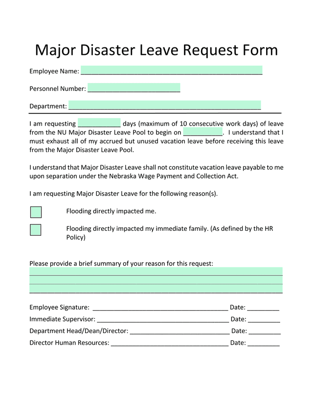 Major Disaster Leave Request Form screenshot