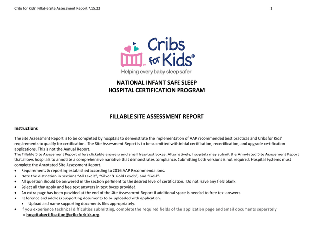 Cribs For Kids Fillable Site Assessment Report screenshot