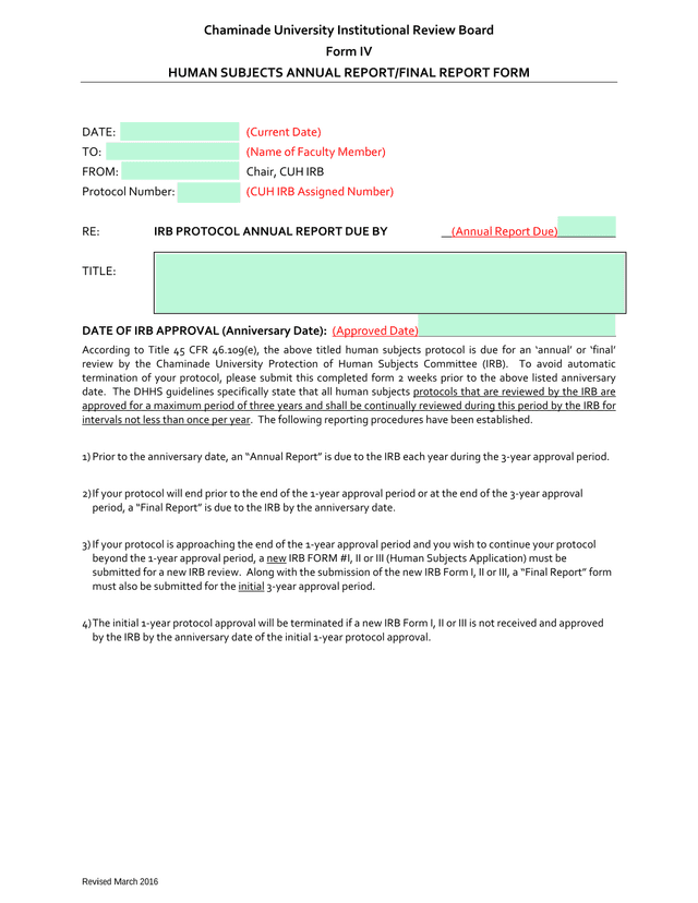 Chaminade University Institutional Review Board Form IV Human Subjects Annual ReportFinal Report For screenshot