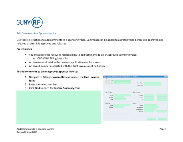 Add Comments To A Sponsor Invoice screenshot