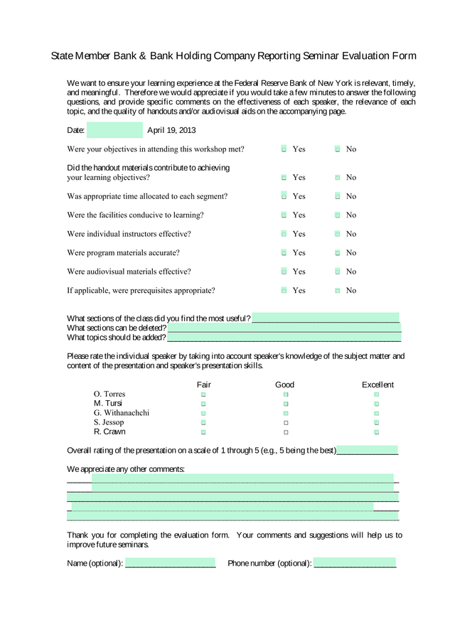State Member Bank  Bank Holding Company Reporting Seminar Evaluation Form screenshot