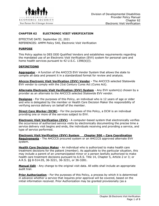 Division Of Developmental Disabilities Provider Policy Manual   Chapter 62 Electronic Visit Verifica screenshot
