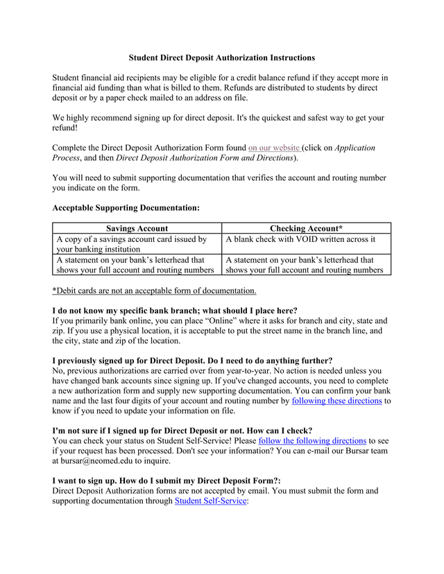 Student Direct Deposit Authorization Instructions screenshot
