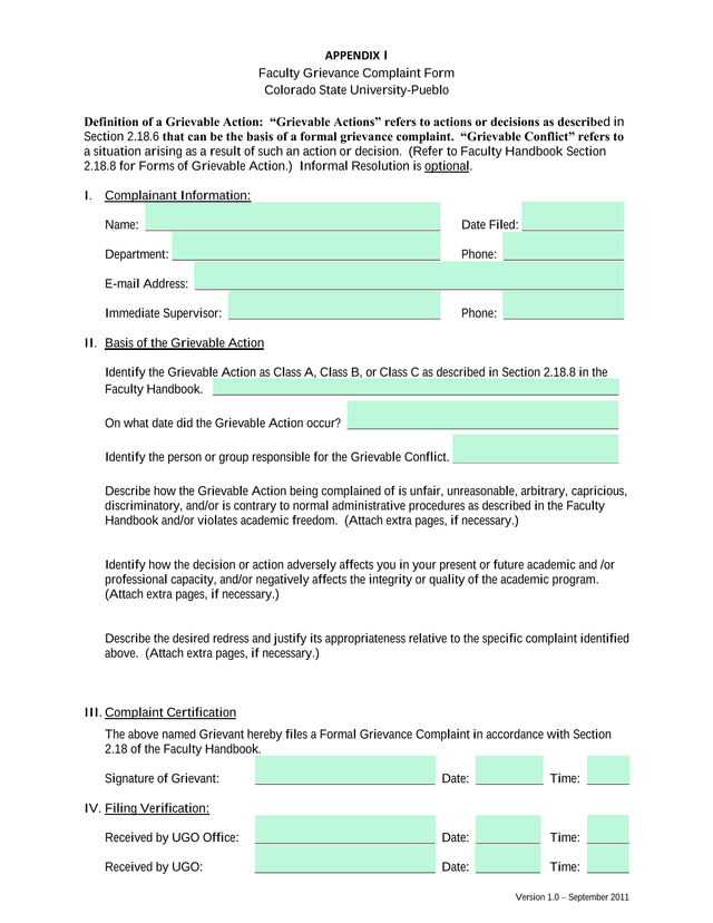 Faculty Grievance Complaint Form screenshot