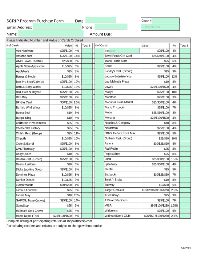 SCRIP Program Purchase Form screenshot