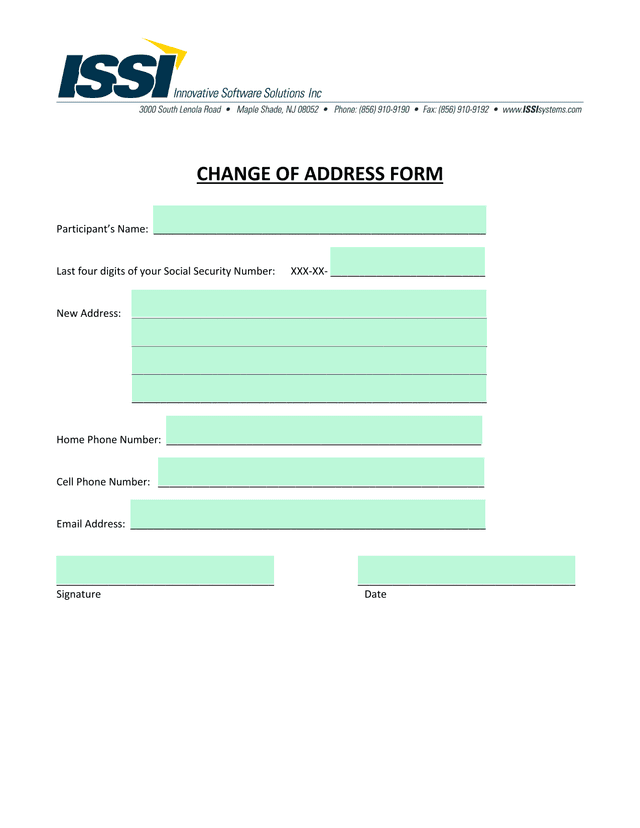 CHANGE OF ADDRESS FORM screenshot