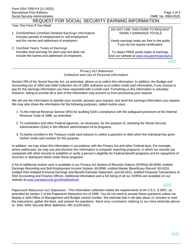 SSA 7050 F4 Request For Social Security Earning Information screenshot