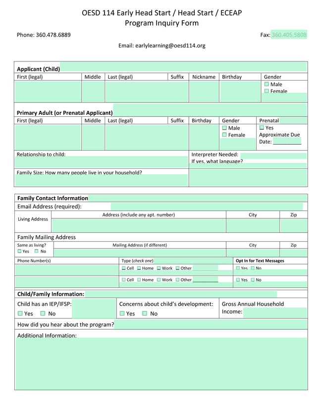 OESD 114 Early Head Start  Head Start  ECEAP Program Inquiry Form screenshot