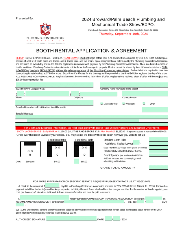 BOOTH RENTAL APPLICATION  AGREEMENT screenshot