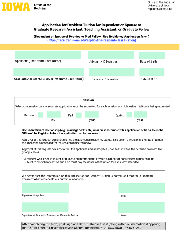 Application For Resident Tuition For Dependent Or Spouse Of Graduate Research Assistant, Teaching As screenshot