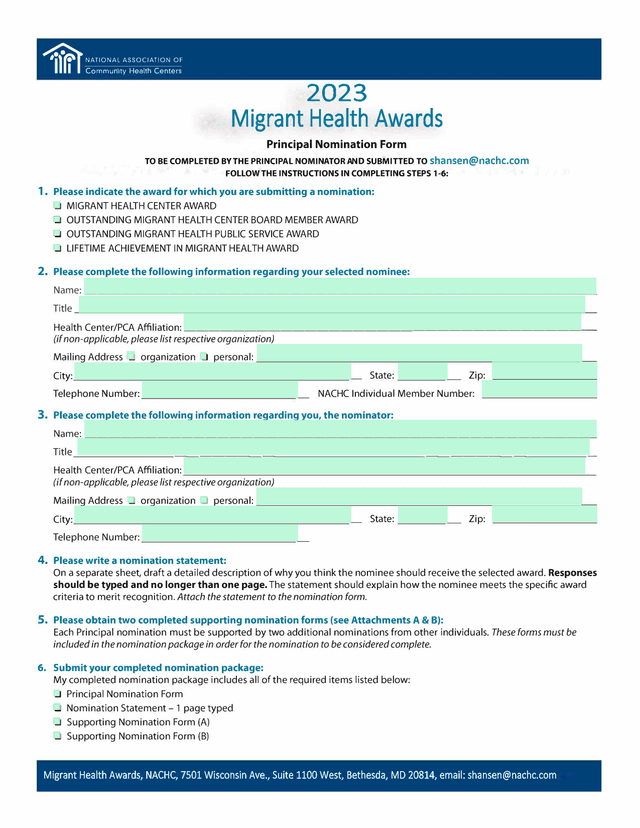 Migrant Health Awards Principal Nomination Form screenshot