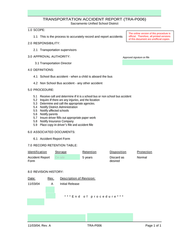 Transportation Accident Report (TRA P006) screenshot