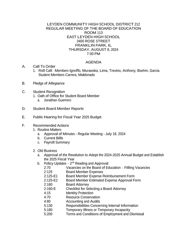 Leyden Community High School District 212 Regular Board Of Education Meeting Agenda screenshot