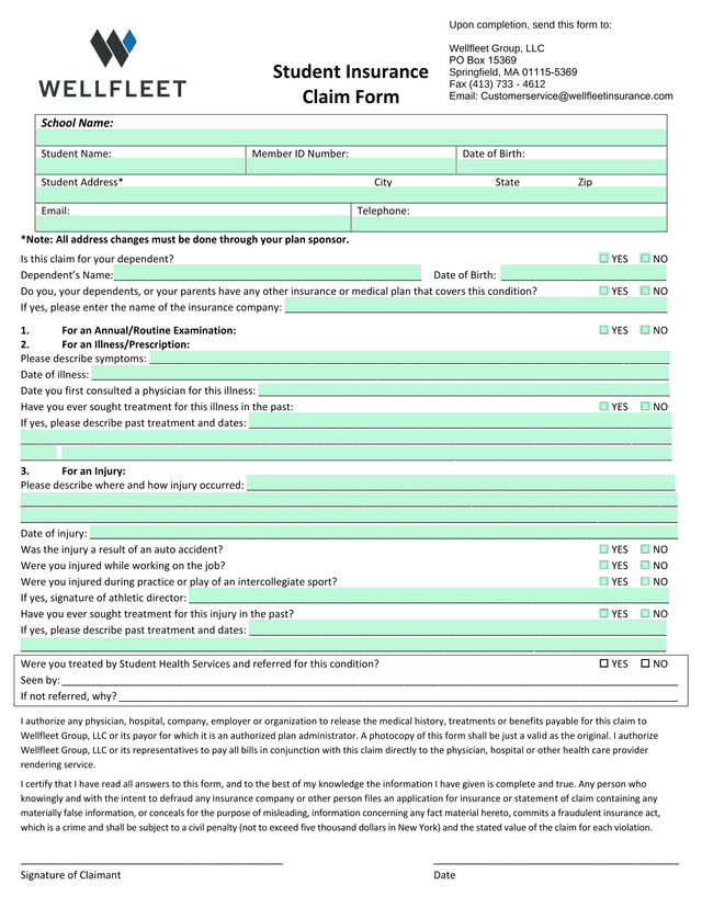 Student Insurance Claim Form screenshot