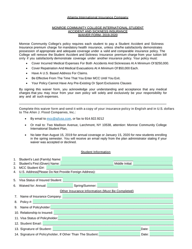 Monroe Community College International Student Accident And Sickness Insurance Waiver Form screenshot