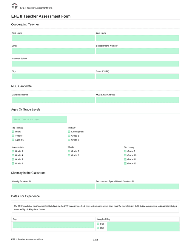 EFE II Teacher Assessment Form screenshot