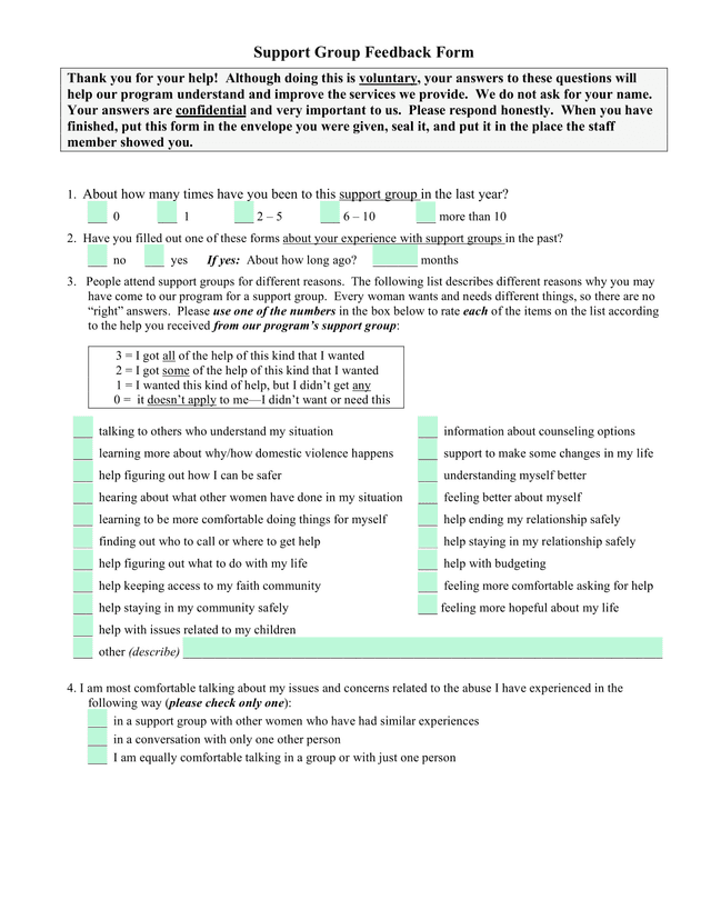 Support Group Feedback Form screenshot