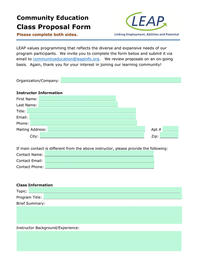 Community Education Class Proposal Form screenshot