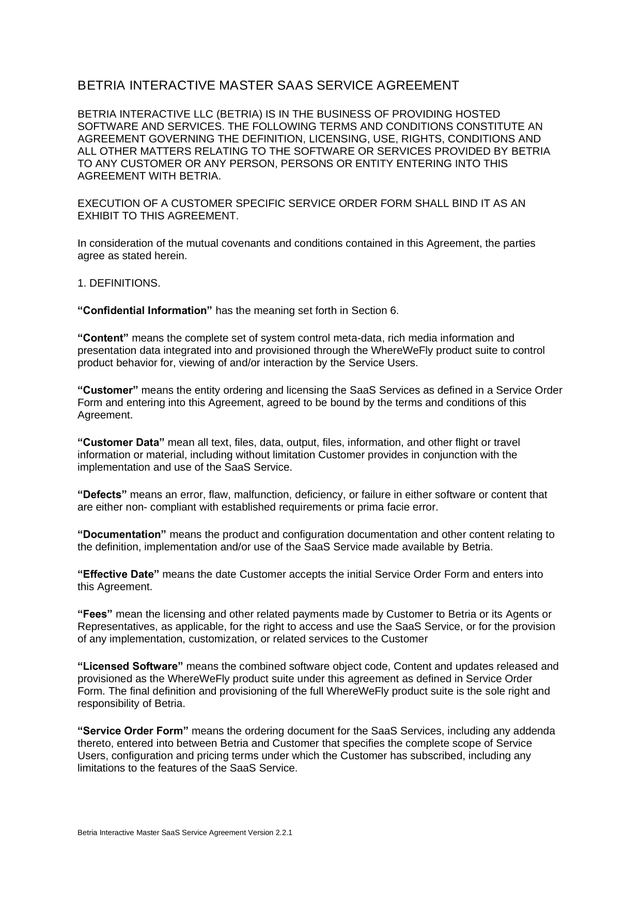 Betria Interactive Master SaaS Service Agreement screenshot
