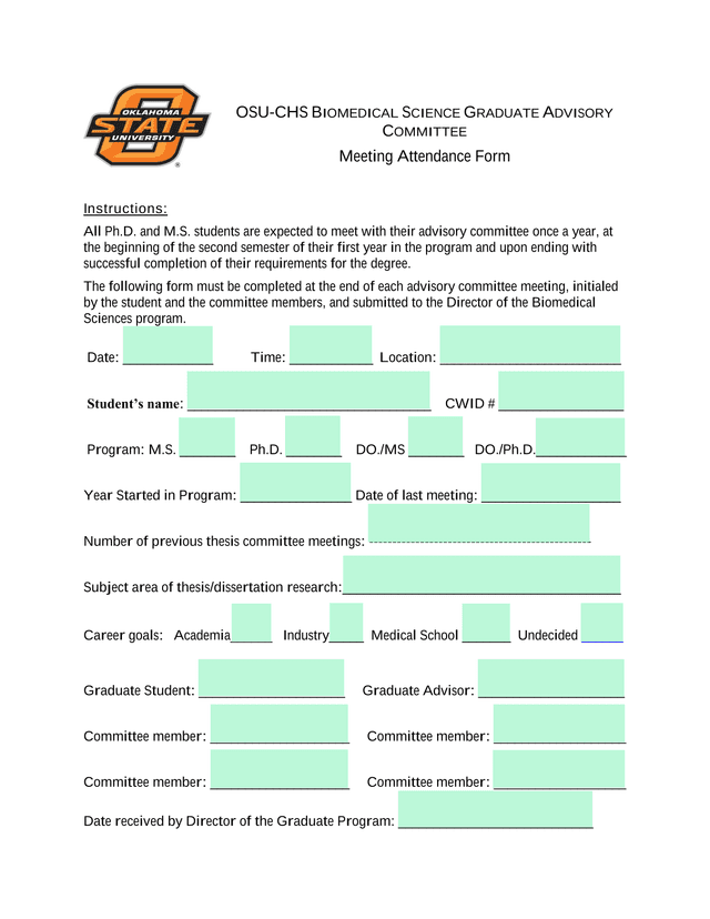 OSU CHS Biomedical Science Graduate Advisory Committee Meeting Attendance Form screenshot
