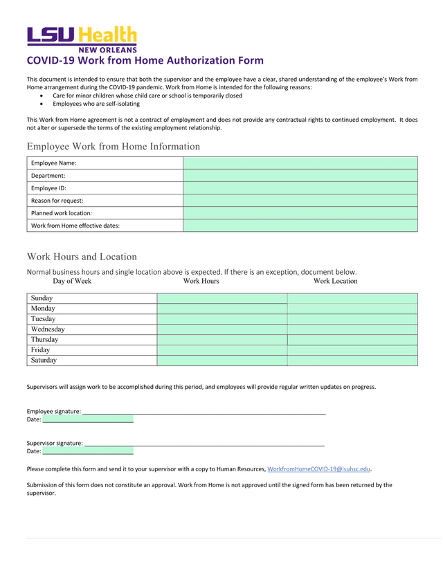 COVID 19 Work From Home Authorization Form screenshot