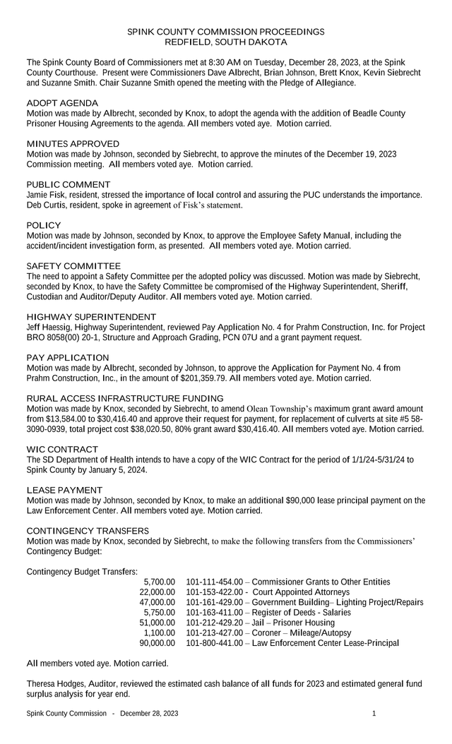 Spink County Commission Proceedings screenshot