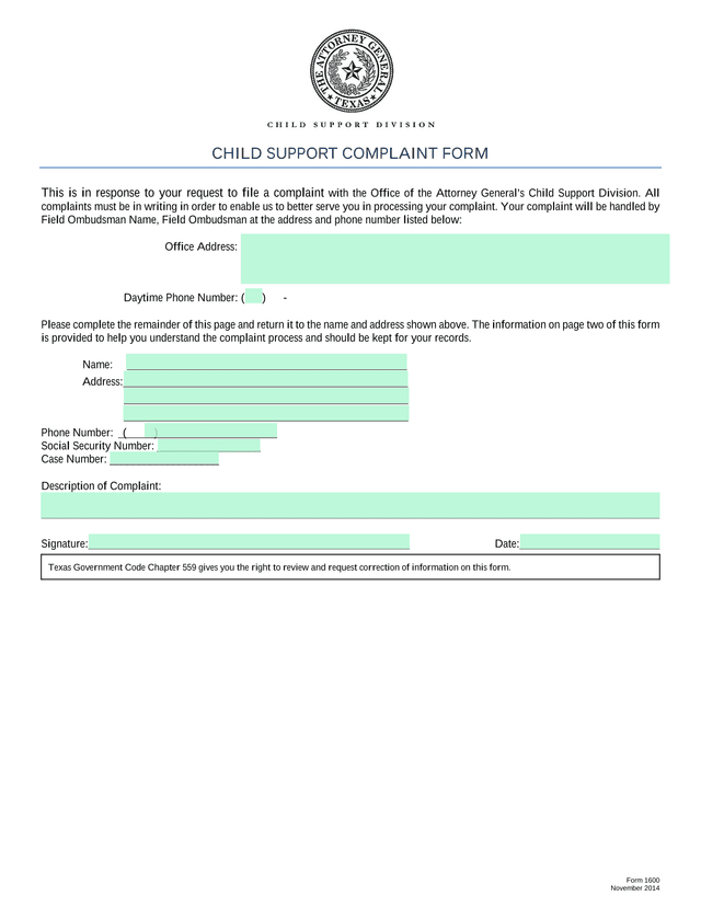 Form 1600 Child Support Complaint Form screenshot