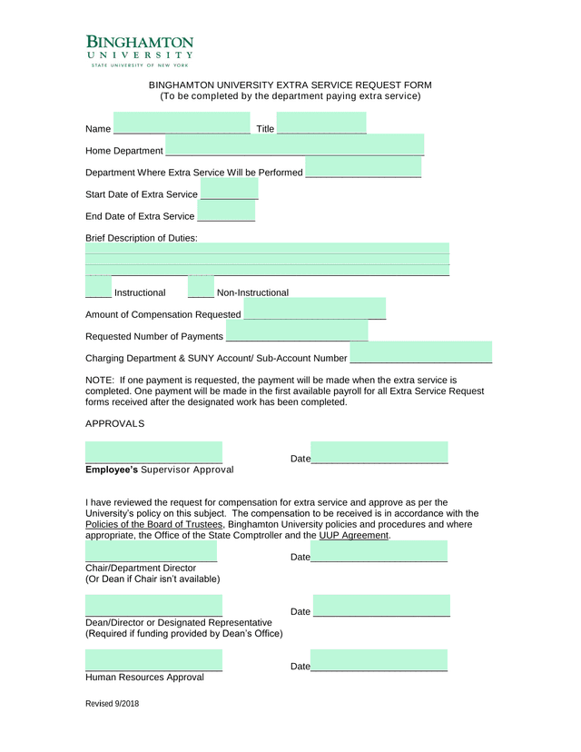 Binghamton University Extra Service Request Form screenshot