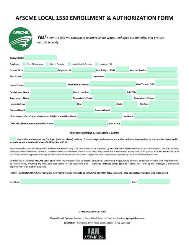 AFSCME LOCAL 1550 ENROLLMENT  AUTHORIZATION FORM screenshot