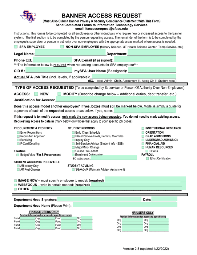 Banner System Access Request Form screenshot