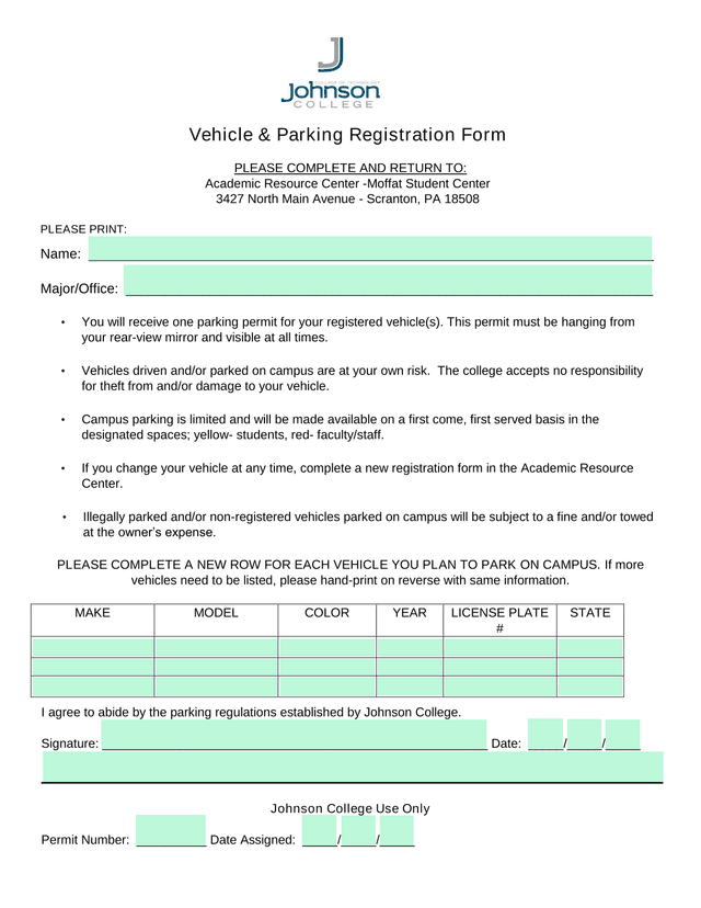 Vehicle  Parking Registration Form screenshot