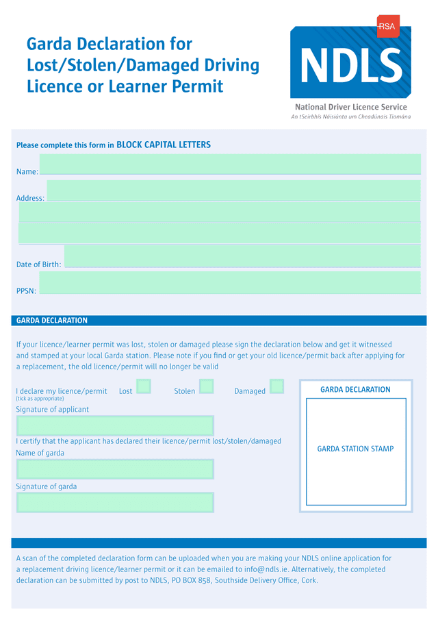 Garda Declaration For LostStolenDamaged Driving Licence Or Learner Permit screenshot
