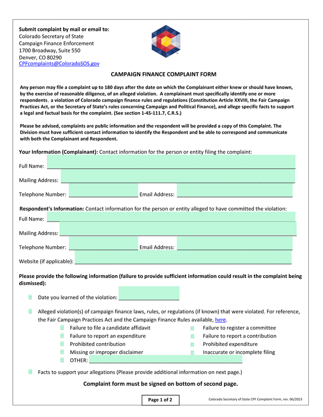 Campaign Finance Complaint Form screenshot