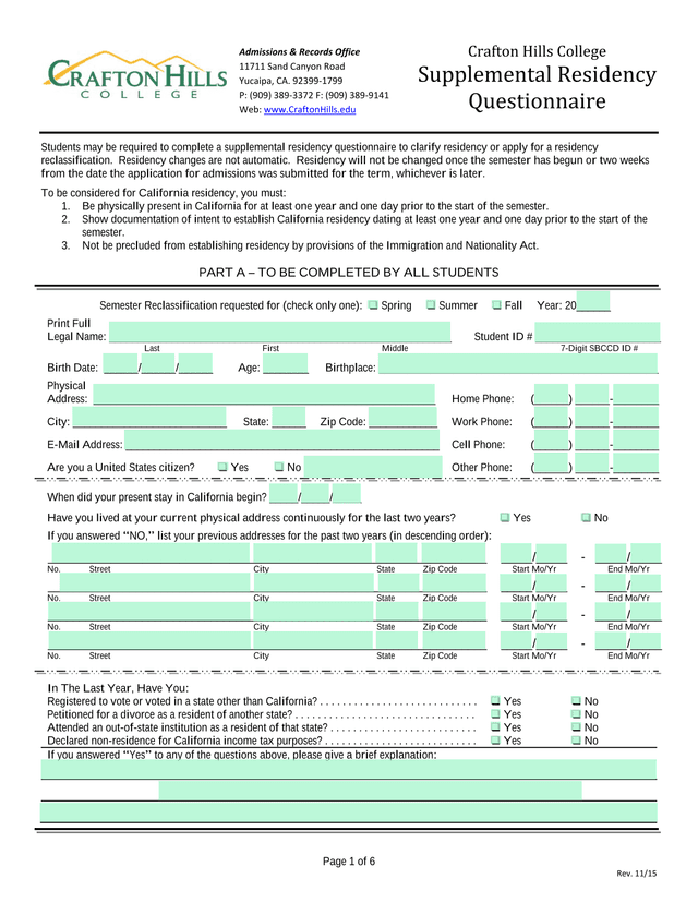 Crafton Hills College Supplemental Residency Questionnaire screenshot