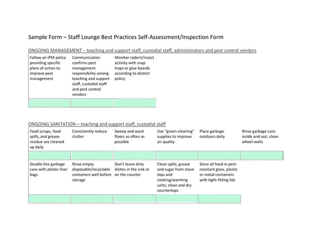 Staff Lounge Best Practices Self AssessmentInspection Form screenshot