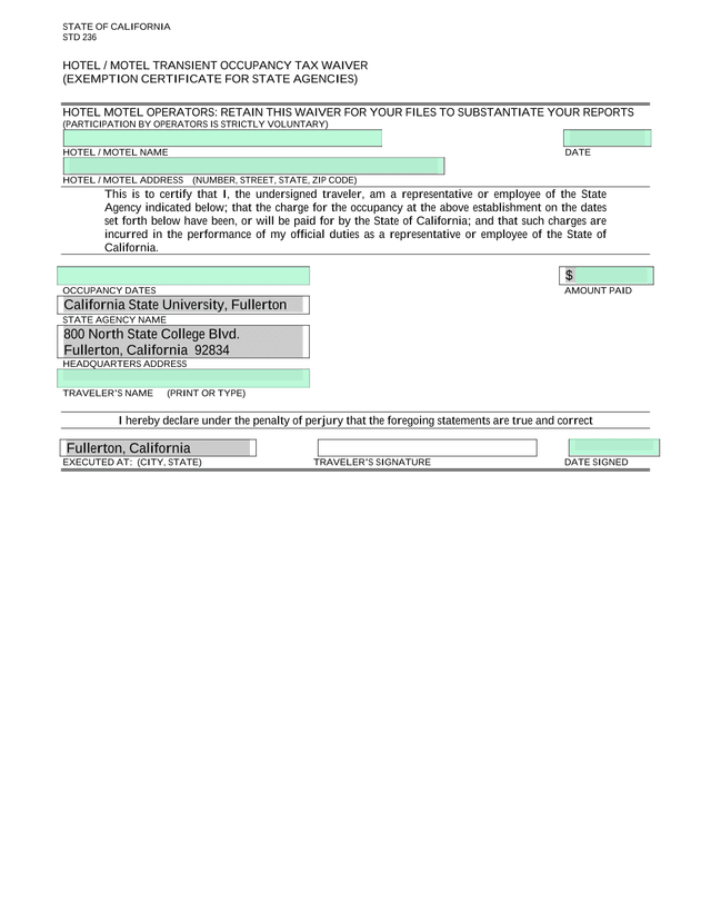 STD 236 Hotel  Motel Transient Occupancy Tax Waiver screenshot