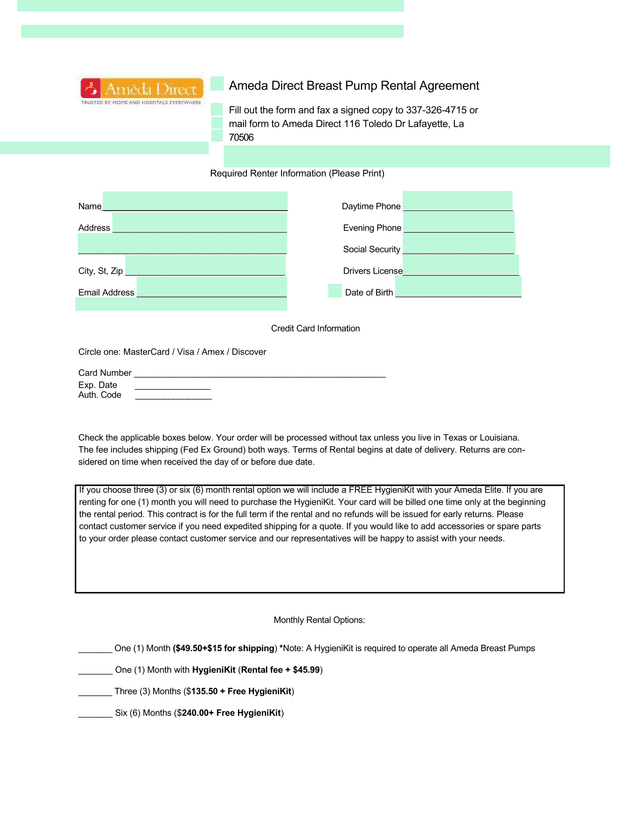 Ameda Direct Breast Pump Rental Agreement screenshot