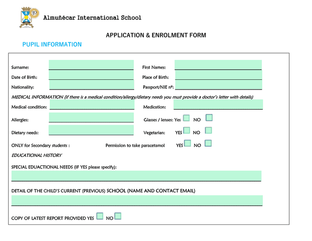 Almucar International School Application  Enrolment Form screenshot