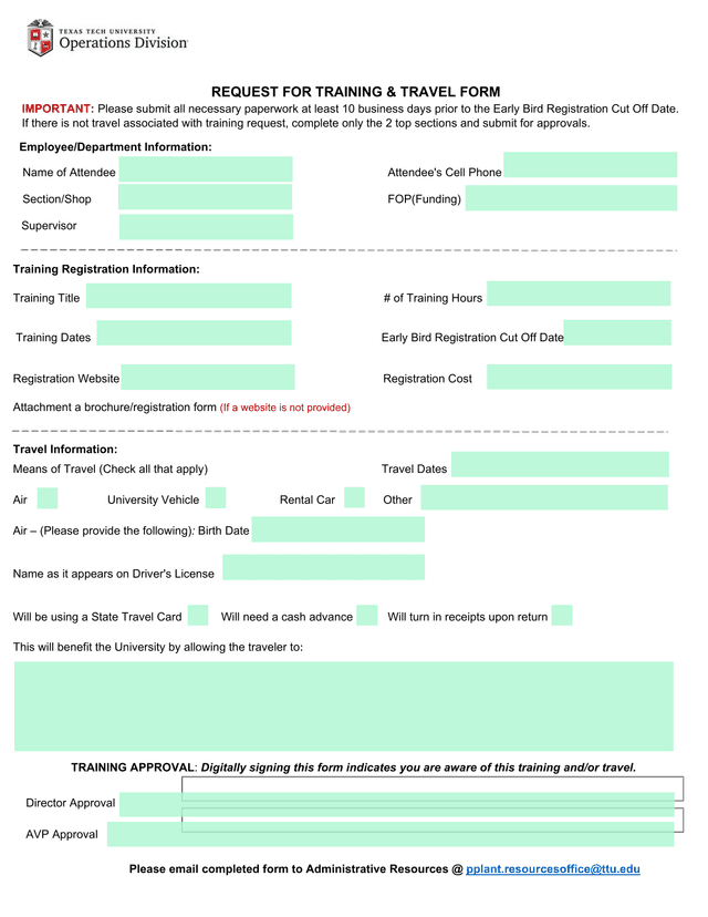 REQUEST FOR TRAINING  TRAVEL FORM screenshot