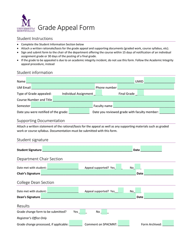 Grade Appeal Form screenshot