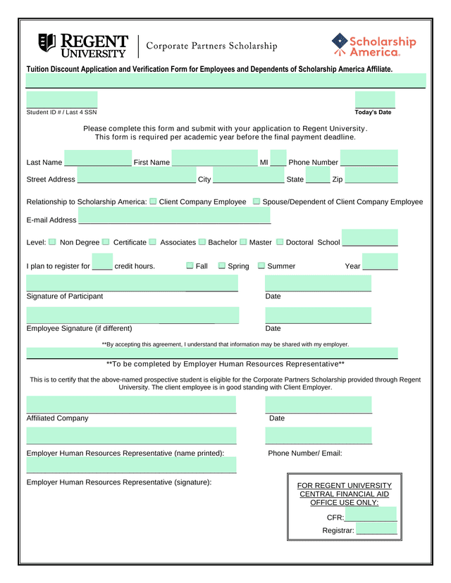 Tuition Discount Application And Verification Form For Employees And Dependents Of Scholarship Ameri screenshot