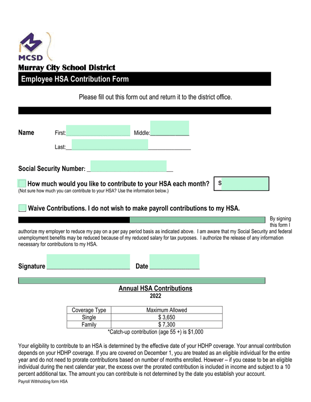 Payroll Withholding Form HSA screenshot