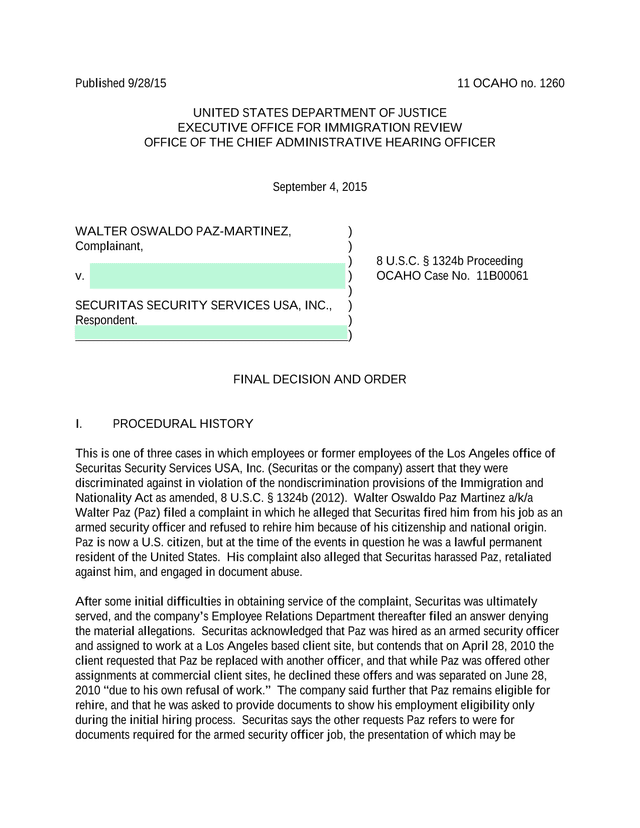 FINAL DECISION AND ORDER   Walter Oswaldo Paz Martinez V. Securitas Security Services USA, Inc. screenshot