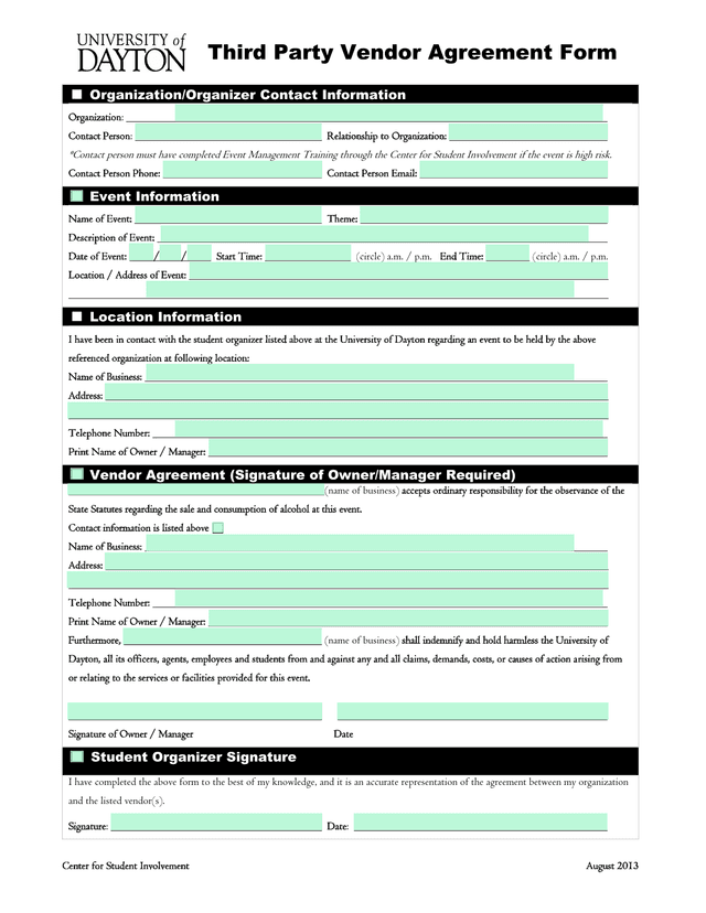 Third Party Vendor Agreement Form screenshot
