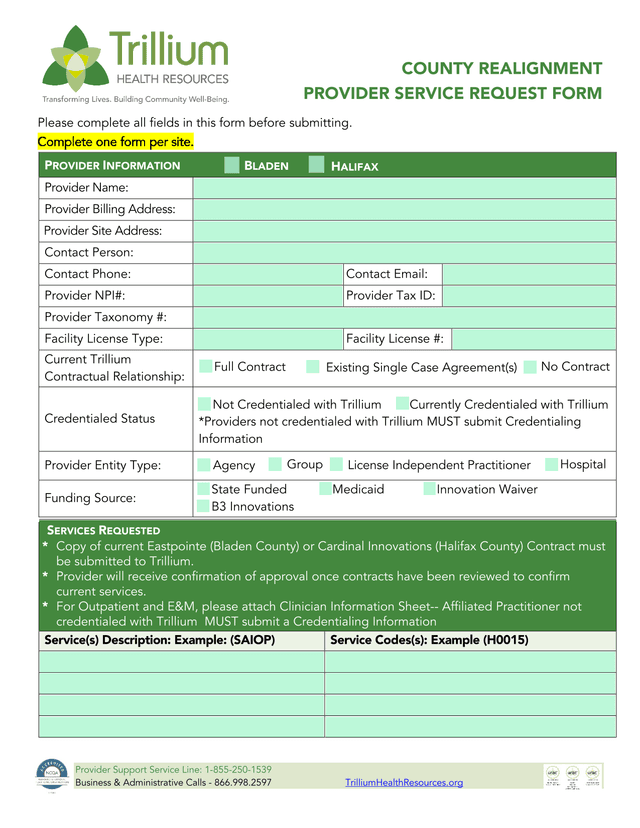 County Realignment Provider Service Request Form screenshot
