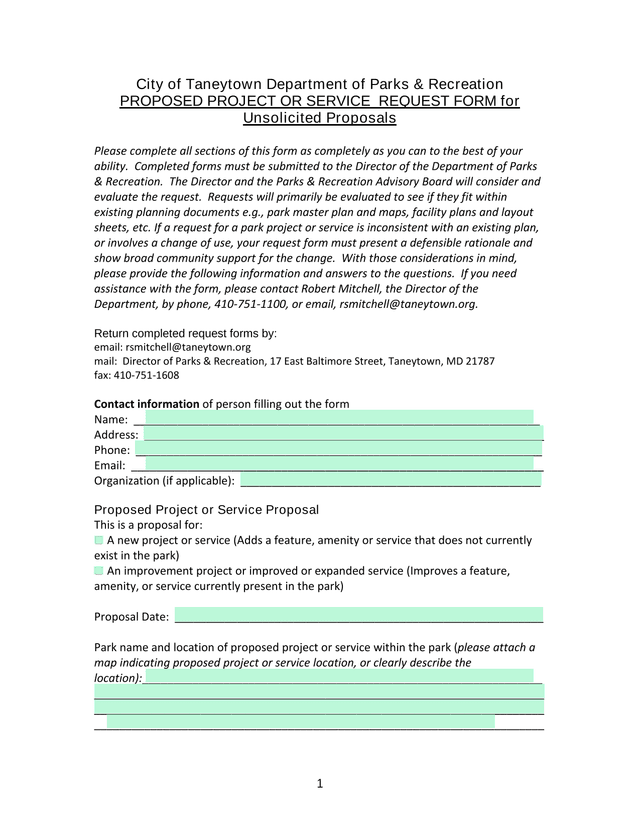 City Of Taneytown Department Of Parks  Recreation Proposed Project Or Service Request Form For Unsol screenshot