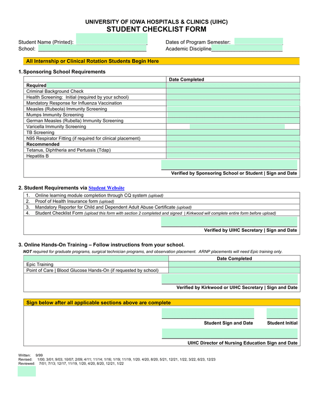 UIHC Student Checklist Form screenshot