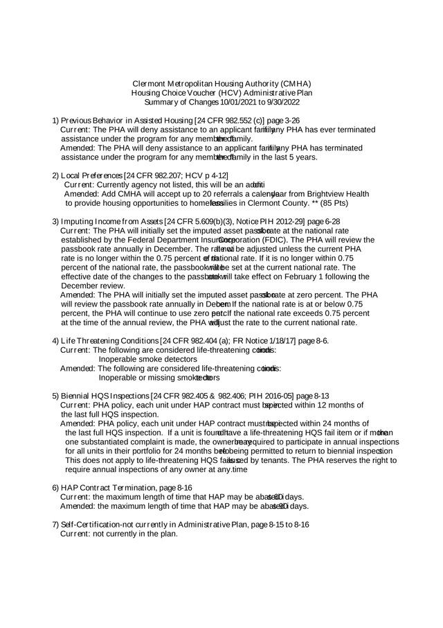 Clermont Metropolitan Housing Authority (CMHA) Housing Choice Voucher (HCV) Administrative Plan Summ screenshot