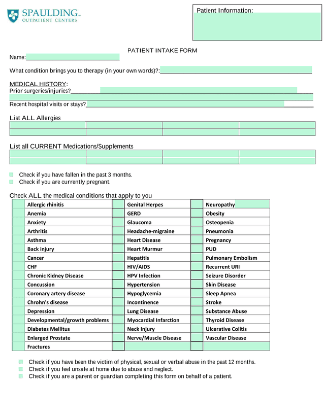 PATIENT INTAKE FORM screenshot