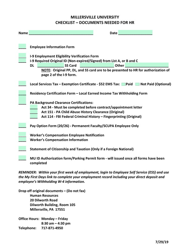 Millersville University HR Documents Checklist screenshot